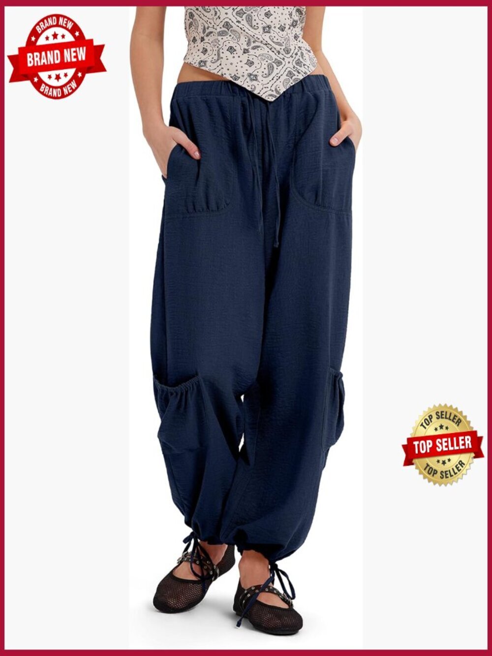 Women Linen Boho Balloon Pants Drawstring Cargo Pants with Pockets